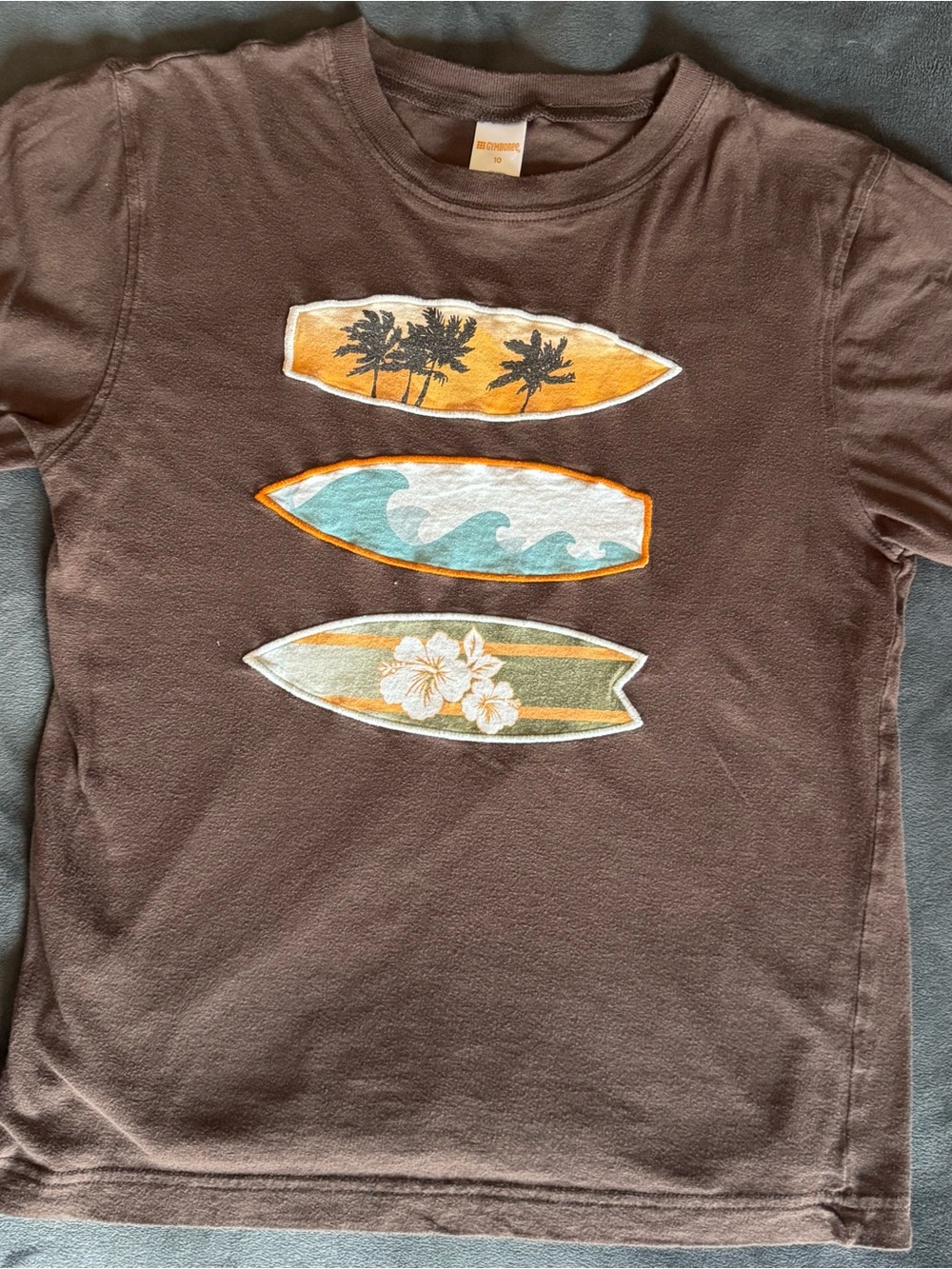 Gymboree Brown Tee with Yellow Surfboard and Palm Tree Graphic